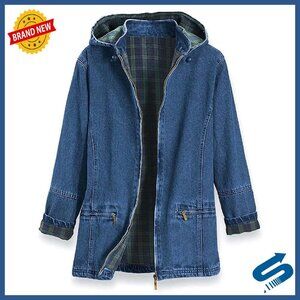 Flannel Lined Denim Jacket with Detachable Hood, Zip Pockets, 100% Cotton